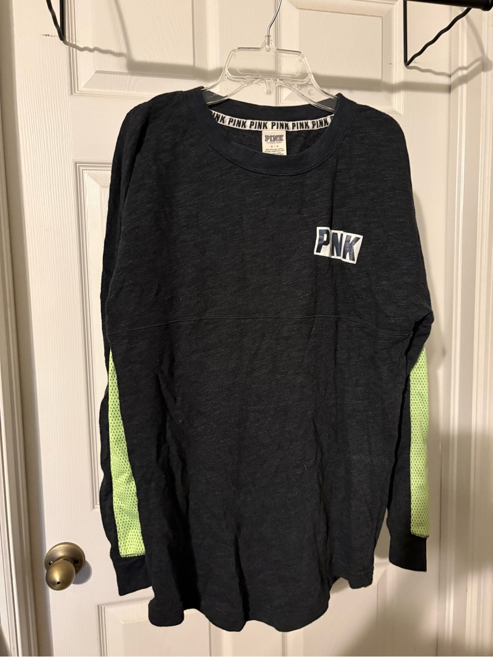 Victoria's Secret PINK Black Long Sleeve Top with Neon Green Trim size small